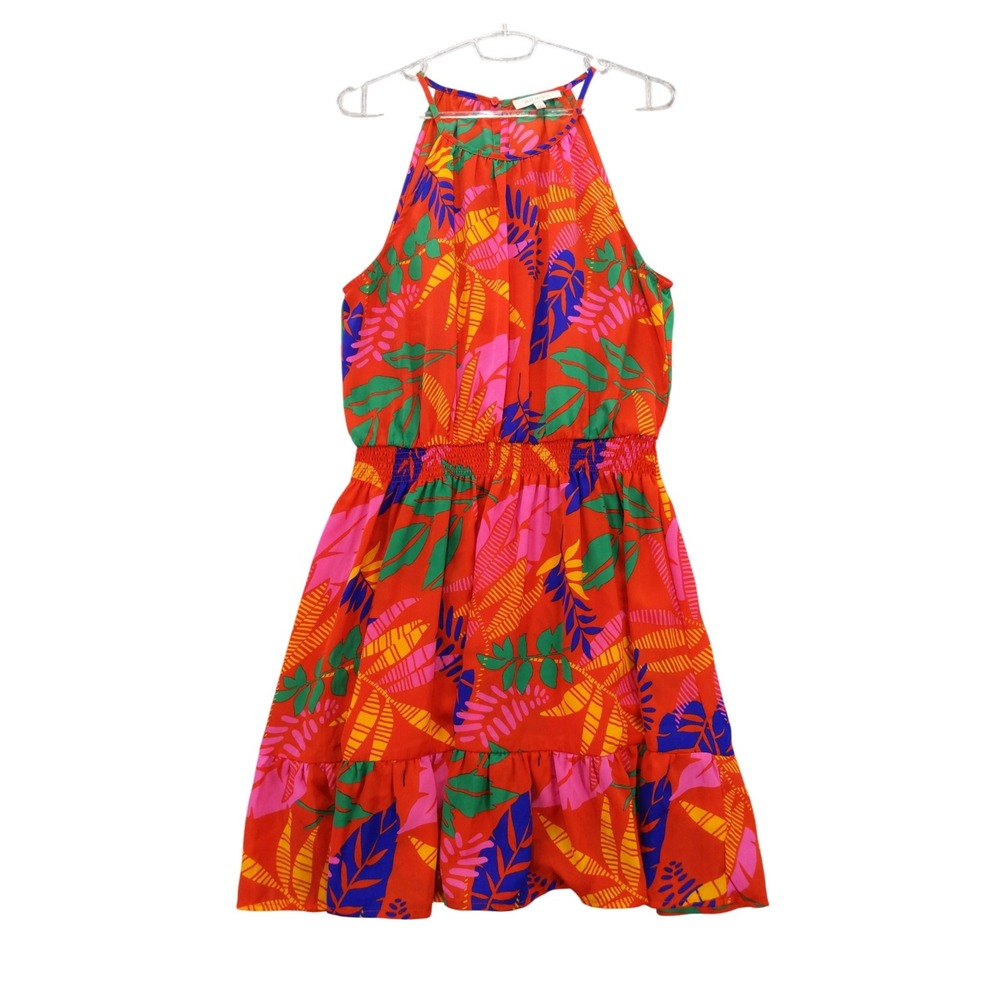 Skies Are Blue Halter Dress‎ Tropical Print Sleeveless Casual Dress M